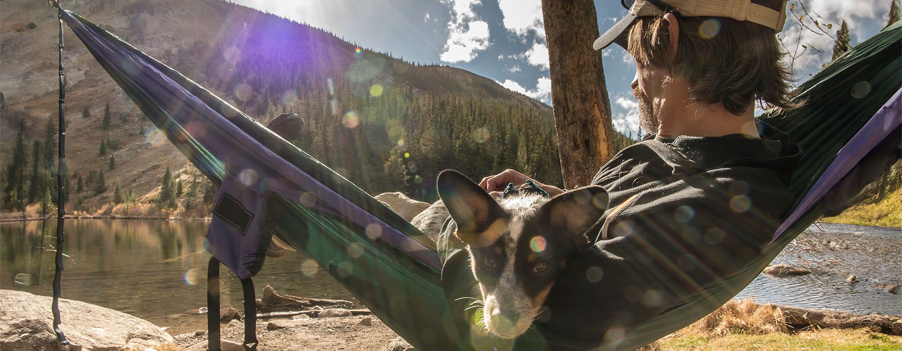 Man and Dog is resting in hammock by mountain lake 